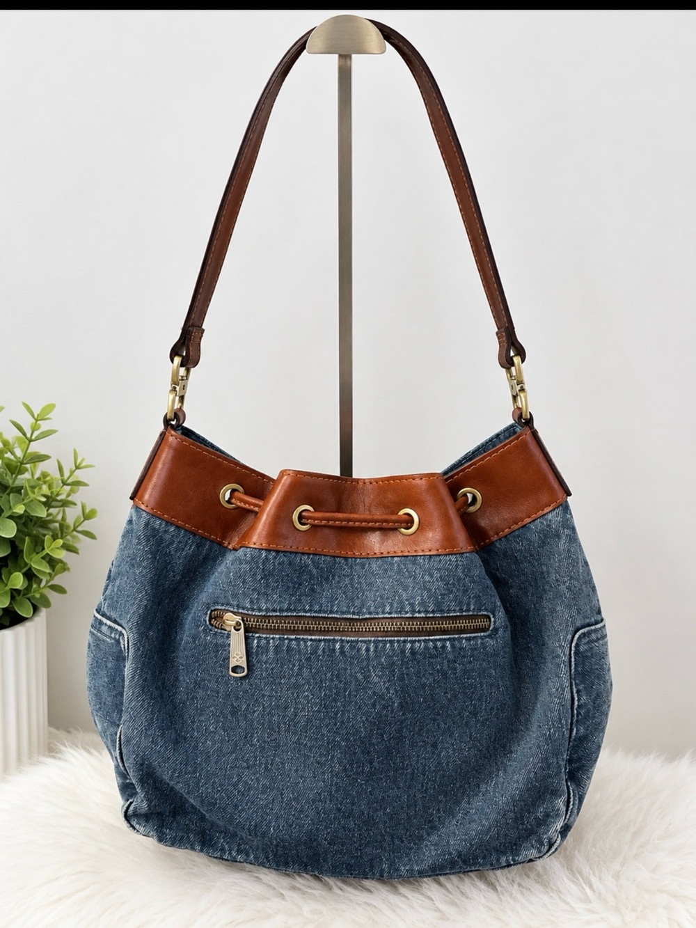Parrisha Nash Drawstring Denim-QuiltedShoulder Bag with Brown Leather Trim - Picture 2 of 7
